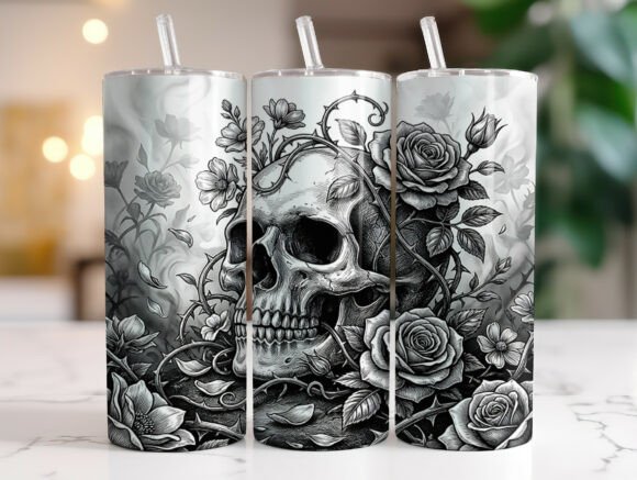 Black and White Floral Skull Tumbler PNG for Branding