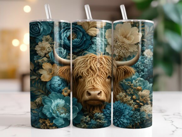Blue Floral Highland Cow Tumbler Wrap Graphics