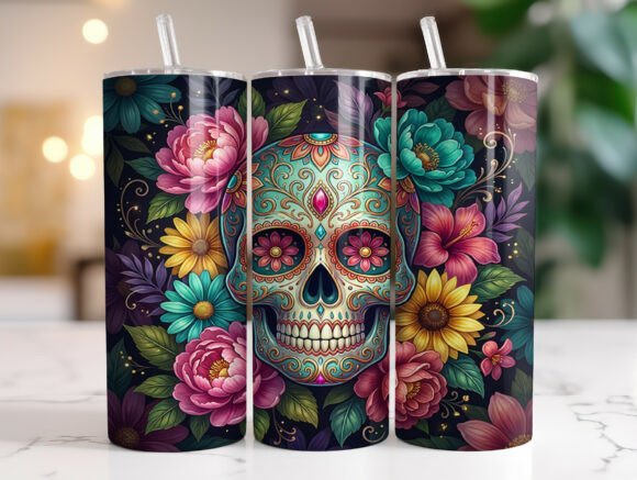 Colorful Floral Skull 20oz Tumbler Wrap Graphics