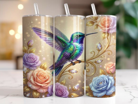 Colorful Hummingbird Rose Floral Tumbler Graphics & Wraps