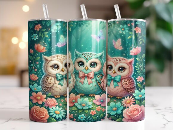 Cute Owl Floral 20 Oz Tumbler Wrap PNG
