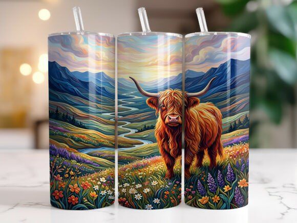 Highland Cow Western Tumbler Wrap PNG