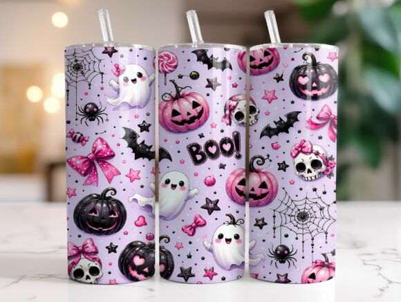 Pink Bow Ghost Halloween Tumbler Wrap Graphics