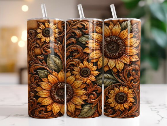 Rustic Sunflower Tooled Tumbler Wrap PNG