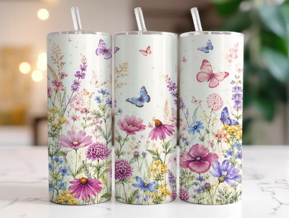 Spring Wildflower Butterfly Tumbler Wrap Graphics