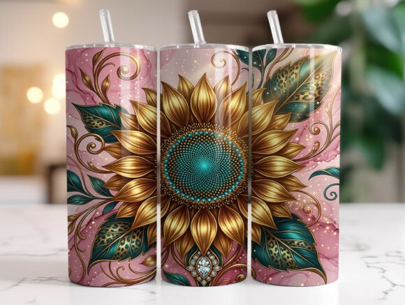 Teal Gold Sunflower 20 Oz Tumbler Wrap Graphics