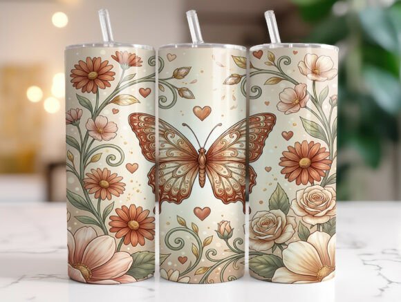 Vintage Butterfly Flowers Tumbler Wrap Graphics