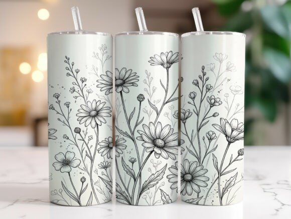 Wildflower Daisy Line Art: Tumbler Wraps & Graphics